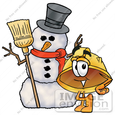 #25764 Clip Art Graphic of a Yellow Safety Hardhat Cartoon Character With a Snowman on Christmas by toons4biz