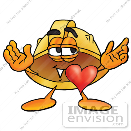 #25765 Clip Art Graphic of a Yellow Safety Hardhat Cartoon Character With His Heart Beating Out of His Chest by toons4biz