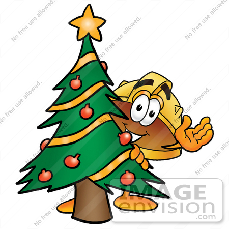 #25767 Clip Art Graphic of a Yellow Safety Hardhat Cartoon Character Waving and Standing by a Decorated Christmas Tree by toons4biz