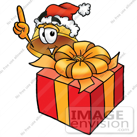 #25768 Clip Art Graphic of a Yellow Safety Hardhat Cartoon Character Standing by a Christmas Present by toons4biz