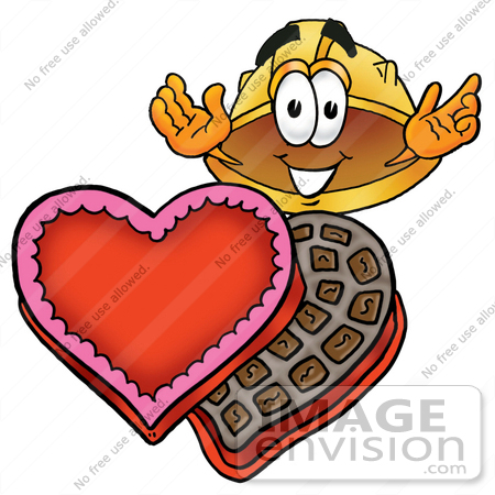 #25770 Clip Art Graphic of a Yellow Safety Hardhat Cartoon Character With an Open Box of Valentines Day Chocolate Candies by toons4biz