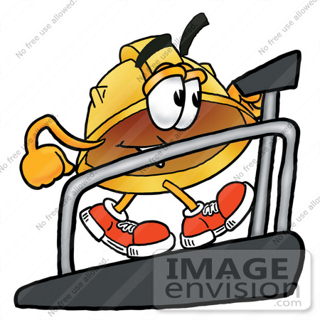 #25771 Clip Art Graphic of a Yellow Safety Hardhat Cartoon Character Walking on a Treadmill in a Fitness Gym by toons4biz