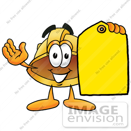 #25772 Clip Art Graphic of a Yellow Safety Hardhat Cartoon Character Holding a Yellow Sales Price Tag by toons4biz