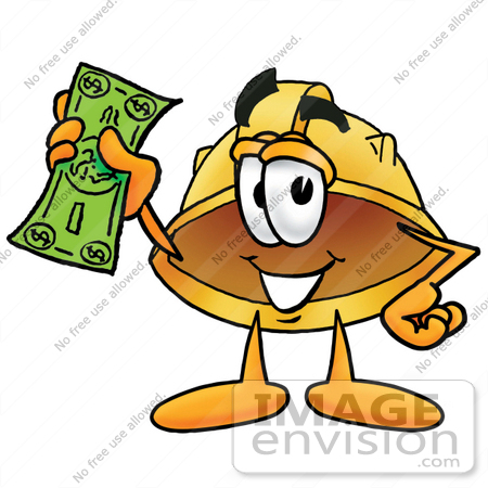 #25774 Clip Art Graphic of a Yellow Safety Hardhat Cartoon Character Holding a Dollar Bill by toons4biz
