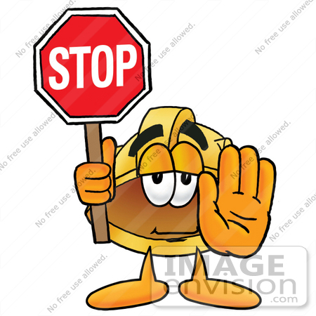 #25775 Clip Art Graphic of a Yellow Safety Hardhat Cartoon Character Holding a Stop Sign by toons4biz