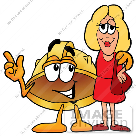 #25776 Clip Art Graphic of a Yellow Safety Hardhat Cartoon Character Talking to a Pretty Blond Woman by toons4biz