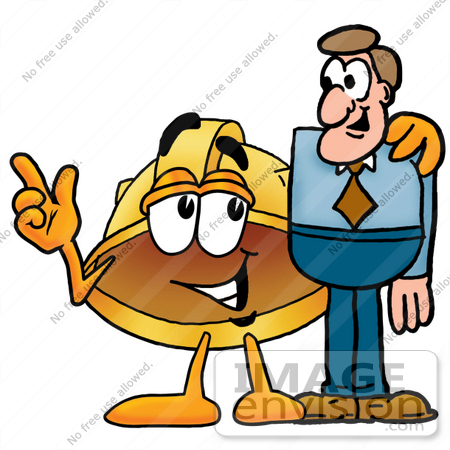 #25777 Clip Art Graphic of a Yellow Safety Hardhat Cartoon Character Talking to a Business Man by toons4biz