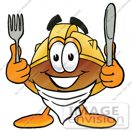 #25779 Clip Art Graphic of a Yellow Safety Hardhat Cartoon Character Holding a Knife and Fork by toons4biz