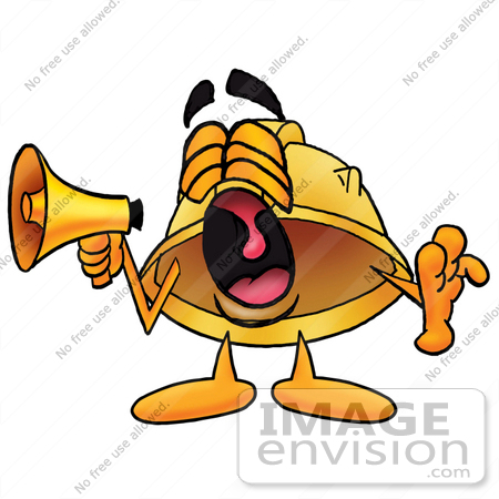 #25780 Clip Art Graphic of a Yellow Safety Hardhat Cartoon Character Screaming Into a Megaphone by toons4biz