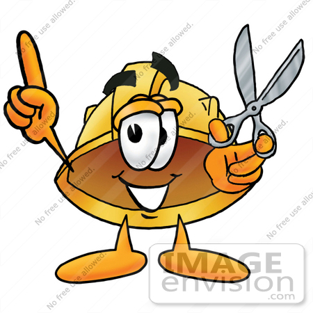 #25781 Clip Art Graphic of a Yellow Safety Hardhat Cartoon Character Holding a Pair of Scissors by toons4biz