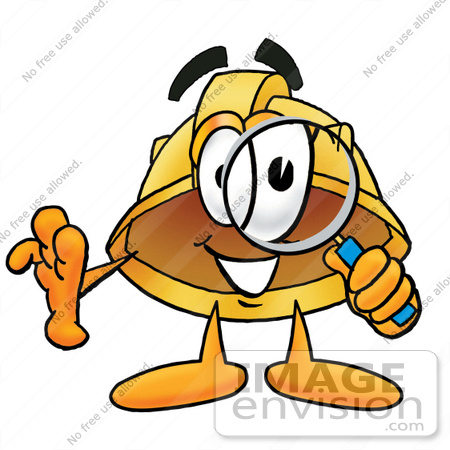 #25783 Clip Art Graphic of a Yellow Safety Hardhat Cartoon Character Looking Through a Magnifying Glass by toons4biz