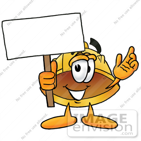 #25784 Clip Art Graphic of a Yellow Safety Hardhat Cartoon Character Holding a Blank Sign by toons4biz