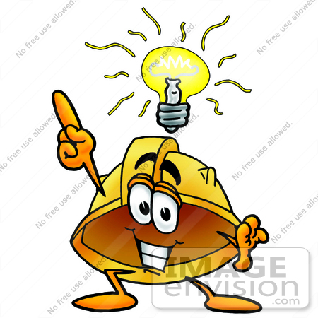#25786 Clip Art Graphic of a Yellow Safety Hardhat Cartoon Character With a Bright Idea by toons4biz