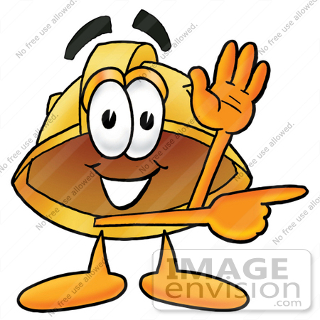 #25787 Clip Art Graphic of a Yellow Safety Hardhat Cartoon Character Waving and Pointing by toons4biz
