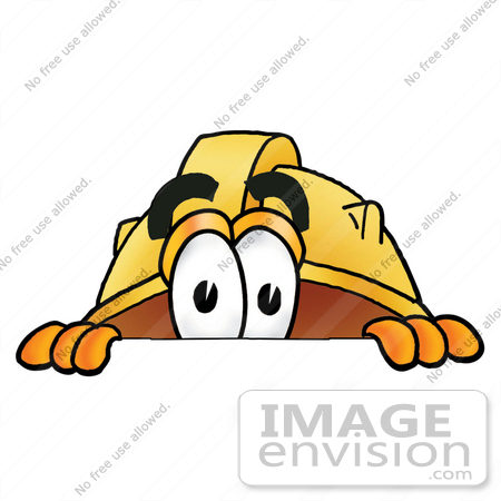 #25789 Clip Art Graphic of a Yellow Safety Hardhat Cartoon Character Peeking Over a Surface by toons4biz