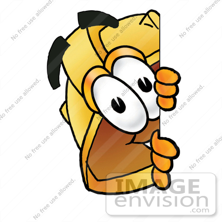 #25790 Clip Art Graphic of a Yellow Safety Hardhat Cartoon Character Peeking Around a Corner by toons4biz