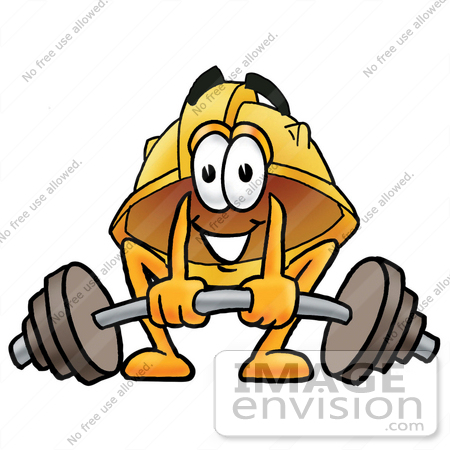 #25791 Clip Art Graphic of a Yellow Safety Hardhat Cartoon Character Lifting a Heavy Barbell by toons4biz