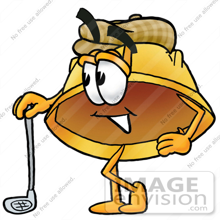 #25794 Clip Art Graphic of a Yellow Safety Hardhat Cartoon Character Leaning on a Golf Club While Golfing by toons4biz