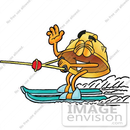 #25795 Clip Art Graphic of a Yellow Safety Hardhat Cartoon Character Waving While Water Skiing by toons4biz