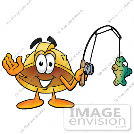 #25796 Clip Art Graphic of a Yellow Safety Hardhat Cartoon Character Holding a Fish on a Fishing Pole by toons4biz
