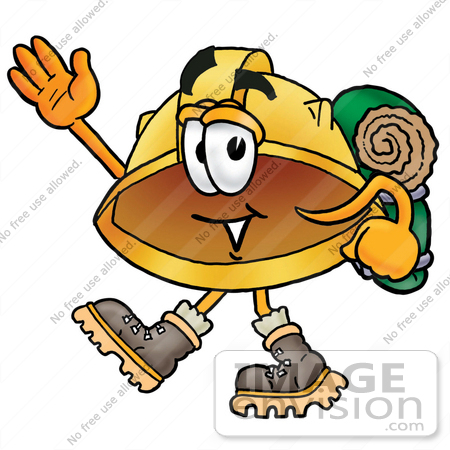 #25797 Clip Art Graphic of a Yellow Safety Hardhat Cartoon Character Hiking and Carrying a Backpack by toons4biz