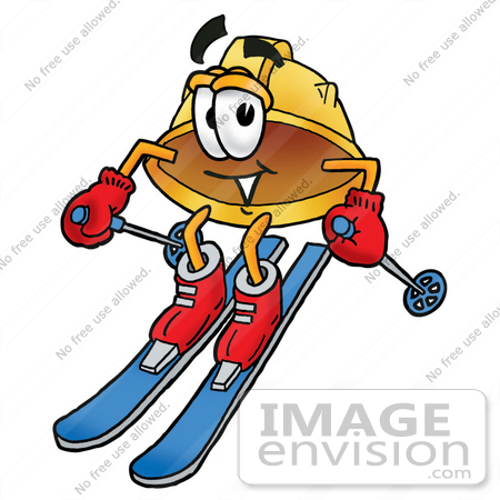 #25799 Clip Art Graphic of a Yellow Safety Hardhat Cartoon Character Skiing Downhill by toons4biz