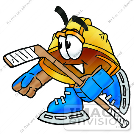 #25801 Clip Art Graphic of a Yellow Safety Hardhat Cartoon Character Playing Ice Hockey by toons4biz
