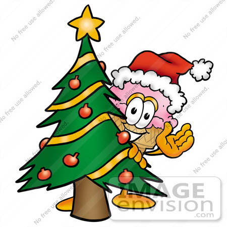 #25807 Clip Art Graphic of a Strawberry Ice Cream Cone Cartoon Character Waving and Standing by a Decorated Christmas Tree by toons4biz