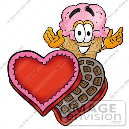 #25808 Clip Art Graphic of a Strawberry Ice Cream Cone Cartoon Character With an Open Box of Valentines Day Chocolate Candies by toons4biz