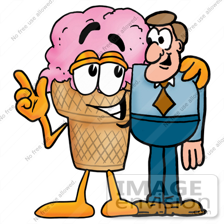 #25809 Clip Art Graphic of a Strawberry Ice Cream Cone Cartoon Character Talking to a Business Man by toons4biz