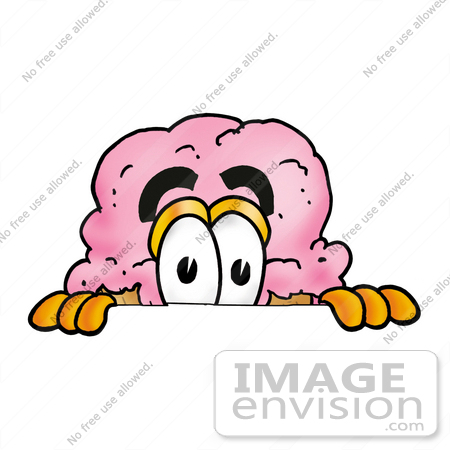 #25810 Clip Art Graphic of a Strawberry Ice Cream Cone Cartoon Character Peeking Over a Surface by toons4biz