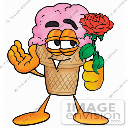 #25814 Clip Art Graphic of a Strawberry Ice Cream Cone Cartoon Character Holding a Red Rose on Valentines Day by toons4biz