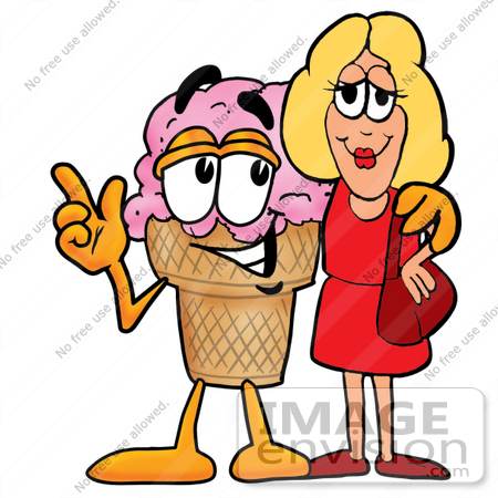 #25815 Clip Art Graphic of a Strawberry Ice Cream Cone Cartoon Character Talking to a Pretty Blond Woman by toons4biz