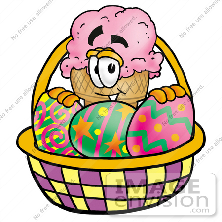 #25816 Clip Art Graphic of a Strawberry Ice Cream Cone Cartoon Character in an Easter Basket Full of Decorated Easter Eggs by toons4biz