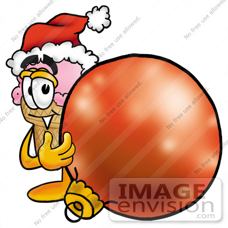 #25817 Clip Art Graphic of a Strawberry Ice Cream Cone Cartoon Character Wearing a Santa Hat, Standing With a Christmas Bauble by toons4biz