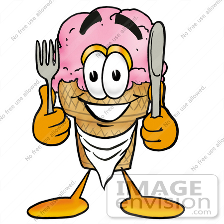 #25819 Clip Art Graphic of a Strawberry Ice Cream Cone Cartoon Character Holding a Knife and Fork by toons4biz