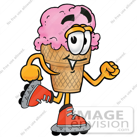 #25820 Clip Art Graphic of a Strawberry Ice Cream Cone Cartoon Character Roller Blading on Inline Skates by toons4biz