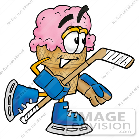 #25821 Clip Art Graphic of a Strawberry Ice Cream Cone Cartoon Character Playing Ice Hockey by toons4biz