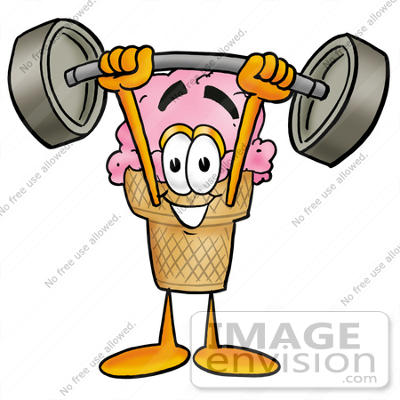 #25823 Clip Art Graphic of a Strawberry Ice Cream Cone Cartoon Character Holding a Heavy Barbell Above His Head by toons4biz