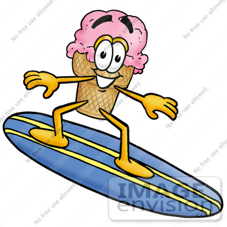 #25826 Clip Art Graphic of a Strawberry Ice Cream Cone Cartoon Character Surfing on a Blue and Yellow Surfboard by toons4biz