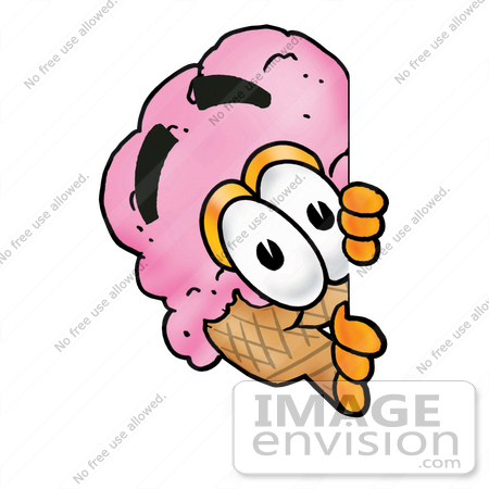 #25828 Clip Art Graphic of a Strawberry Ice Cream Cone Cartoon Character Peeking Around a Corner by toons4biz