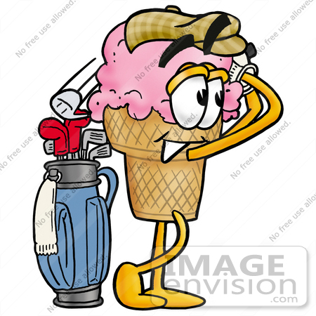 #25829 Clip Art Graphic of a Strawberry Ice Cream Cone Cartoon Character Swinging His Golf Club While Golfing by toons4biz