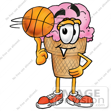#25830 Clip Art Graphic of a Strawberry Ice Cream Cone Cartoon Character Spinning a Basketball on His Finger by toons4biz