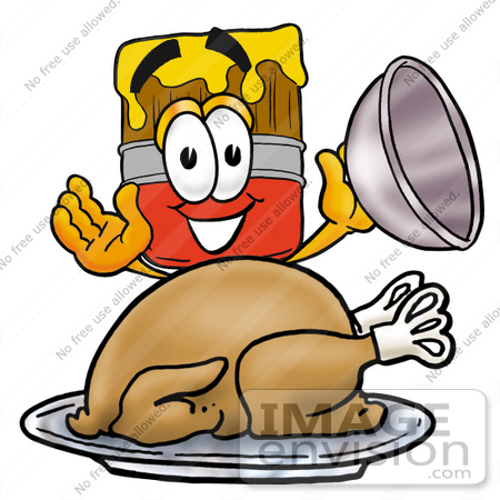 #25831 Clip Art Graphic of a Red Paintbrush With Yellow Paint Cartoon Character Serving a Thanksgiving Turkey on a Platter by toons4biz