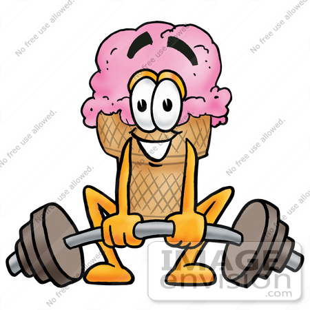 #25833 Clip Art Graphic of a Strawberry Ice Cream Cone Cartoon Character Lifting a Heavy Barbell by toons4biz