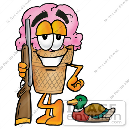 #25835 Clip Art Graphic of a Strawberry Ice Cream Cone Cartoon Character Duck Hunting, Standing With a Rifle and Duck by toons4biz