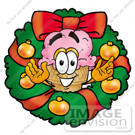 #25836 Clip Art Graphic of a Strawberry Ice Cream Cone Cartoon Character in the Center of a Christmas Wreath by toons4biz