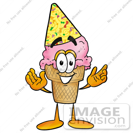 #25838 Clip Art Graphic of a Strawberry Ice Cream Cone Cartoon Character Wearing a Birthday Party Hat by toons4biz