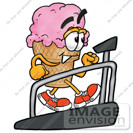 #25840 Clip Art Graphic of a Strawberry Ice Cream Cone Cartoon Character Walking on a Treadmill in a Fitness Gym by toons4biz