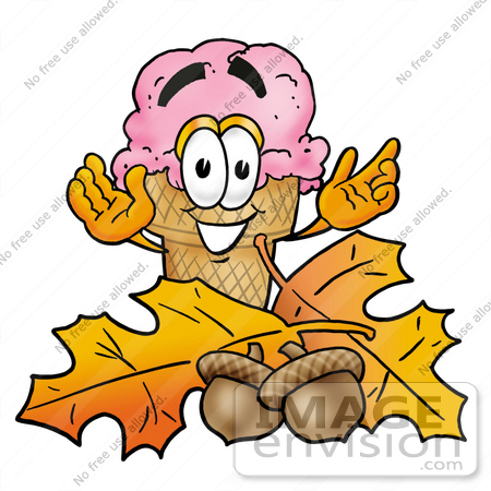 #25841 Clip Art Graphic of a Strawberry Ice Cream Cone Cartoon Character With Autumn Leaves and Acorns in the Fall by toons4biz